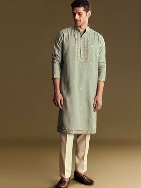 Kalki linen Men's Sage Green Embroidered Kurta - Classic Festive Wear